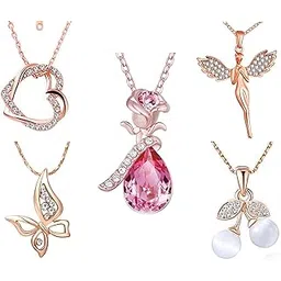 Valentine Imitation Jewellery Pendant Necklace Embellished with Pink & White Crystal Elements for Women (CO1000294, Rose Gold) Combo of 5 (Silver)-image-4