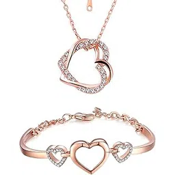 White Rose Gold Plated Alloy Combo of Dual Heart Pendant and Link Bracelet with Crystal Stones for Girls and Women-image-1