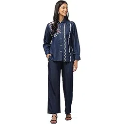 omasu fashion Women's Cotton Co-ord Set, Collar Top with Jogger Pants, Full Sleeve, Dark Blue Cotton Chambray Coord with Collar Top & Jogger Pants | Full Sleeve-picture-23
