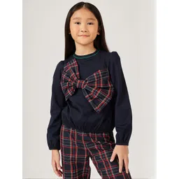 One Friday Girls Navy Blue Bow Round Neck Full Sleeve Top-picture-24
