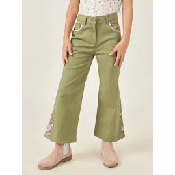 One Friday Girls Olive Cotton Regular Fit Embroidered Trousers-picture-12