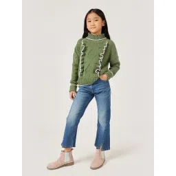 One Friday Girls Olive Regular Fit Self Design Sweater-picture-30