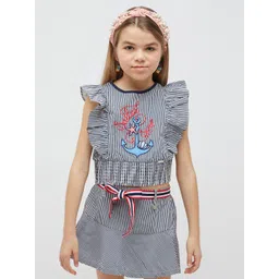 One Friday Girls Striped Ruffled Smocked Applique Detail Pure Cotton Crop Top-picture-52