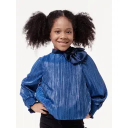 One Friday Girls Vertical Striped Pleated Cuffed Sleeves Bow Top-picture-33