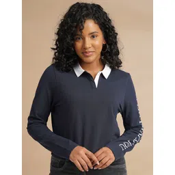 ONE SKY Women Typography Printed Polo Collar Long Sleeves T-shirt-picture-45