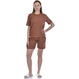 one way Round Neck Half Sleeves Solid Brown Night Suit with Shorts for Women|100% Cotton|Comfort Fit|Night Wear|Women's Comfortable PJ's-picture-18