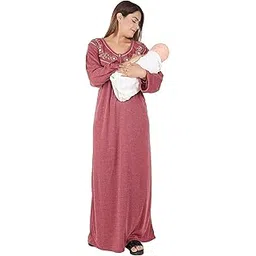 onekbhalo Women's- Full Sleeves-Feeding- Nursing- Maternity Nighty/Maxi/Gown/Nightdress/Nightwear- Hosiery Cotton Fabric Floral Print- Embroidery with Zip-picture-25