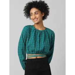 ONLY Blue & chinese black Checked Blouson Crop Top-picture-27