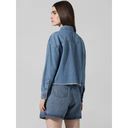 Only Blue Cotton Relaxed Fit Crop Shirt image 3