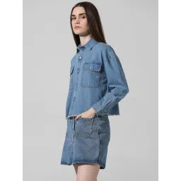 Only Blue Cotton Relaxed Fit Crop Shirt image 4