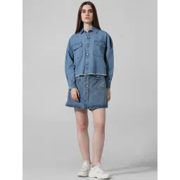 Only Blue Cotton Relaxed Fit Crop Shirt image 5