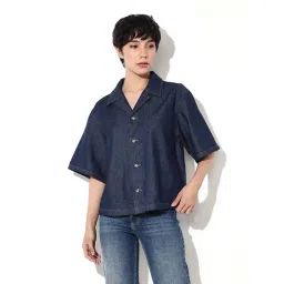 Only Blue Cotton Solid Short Sleeves Shirt-picture-44