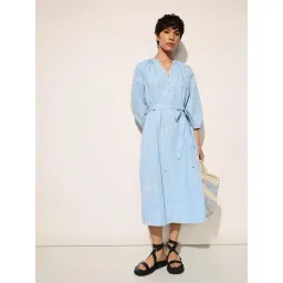 Only Blue Cotton Solid Three-Quarter Sleeves Dress-picture-21