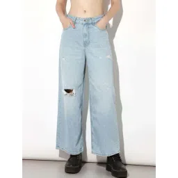 Only Blue Cotton Wide Leg Fit Distressed Jeans-picture-36