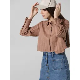 Only Brown Cotton Self Design Crop Shirt-picture-46