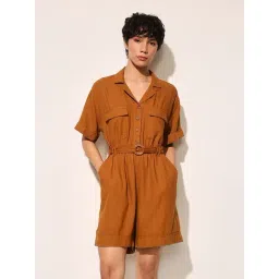 Only Brown Linen Solid Short Sleeves Jumpsuit-picture-15