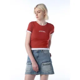 Only Burnt Orange Cotton Slim Fit Printed T-Shirt-picture-34