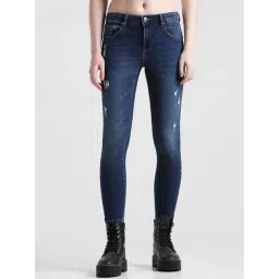 Only Dark Blue Blended Distressed Skinny Fit Mid Rise Jeans-picture-28