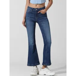 Only Dark Blue Cotton Flared Fit High Rise Bootcut Jeans-picture-41