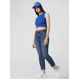 Only Dark Blue Cotton Straight Fit High Rise Jeans-picture-20