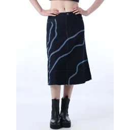 Only Dark Blue Denim Cotton Flared Fit Self Pattern Skirt-picture-31