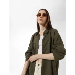 Only Dark Green Viscose Embellished Oversized Shirt-picture-24