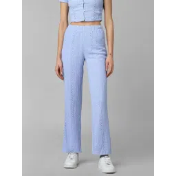 Only Light Blue Cotton Self Design High Rise Pants-picture-33