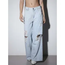 Only Light Blue Denim Cotton Straight Fit Distressed Jeans-picture-21