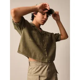 Only Olive Cotton Relaxed Fit Crop Shirt-picture-39