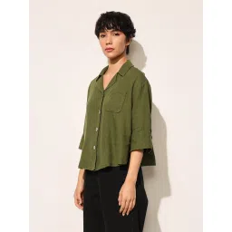 Only Olive Viscose Solid Three-Quarter Sleeves Shirt image 3