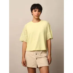 Only Pale Lime Yellow Cotton Regular Fit Embroidered T-Shirt-picture-24