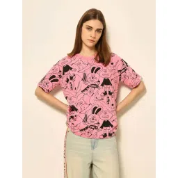 Only Pink Cotton Regular Fit Printed T-Shirt-picture-15