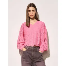 Only Pink Cotton Regular Fit Self Pattern Top-picture-17