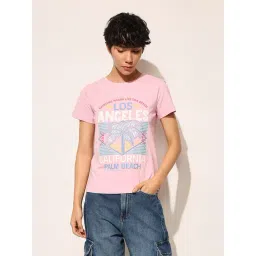 Only Pink Cotton Self Design Short Sleeves T-Shirt-picture-32