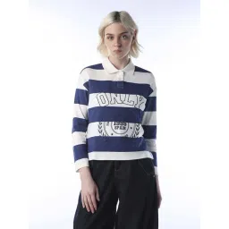 Only Twilight Blue Cotton Regular Fit Striped Polo T-Shirt-picture-22