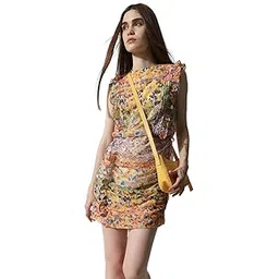 only Women Abstract Printed Ruffled Ruched Chiffon Sheath Mini Dress | Western Above The Knee Dress-picture-33