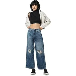 only Women Blue Wide Leg High-Rise Highly Distressed Light Fade Jeans-picture-11