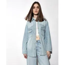 only Women Lightly Washed Oversized Fit Denim Shirt-picture-19