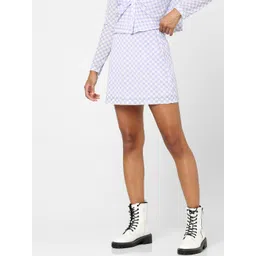 ONLY Women Lilac Purple & White Checked Mini Skirts-picture-36