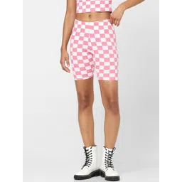 ONLY Women Pink & White Checked Skinny Fit High-Rise Cotton Shorts-picture-40