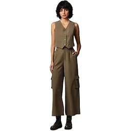 only Women Solid Regular Fit Casual Olive Waistcoat-picture-10