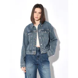 ONLY Women Spread Collar Washed Self Design Cotton Casual Denim Jacket-picture-22