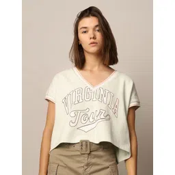 ONLY Women Varsity Printed V-Neck Cotton Oversized T-shirt-image-25
