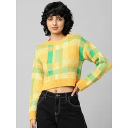 ONLY Women Yellow & Green ONLKELLY L S O NEC Checked Crop Pullover-picture-12