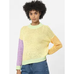 ONLY Women Yellow & Purple Colourblocked Pullover Sweater-picture-31
