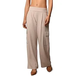 Womens High Waist Straight-Fit Cargo Trousers | Front Scoop Flap Pockets | Wide Leg Cargo Pants-image-0
