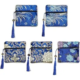 5PCS Jewelry Silk Purse Pouch, Chinese Silk Style Zipper Brocade Embroidered Bag for Women Coin Wallet (Deep Blue)-image-24