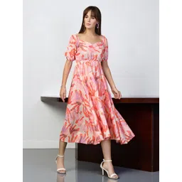 OOMPH! FACTOR Women Floral Printed Puff Sleeve Fit & Flare Midi Dress-picture-31