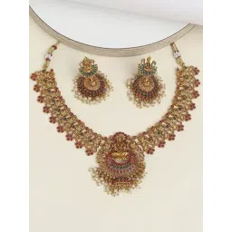 OOMPH Antique Gold Tone Red & Green Stone Laxmi Design Necklace Set for Women-picture-30
