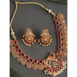 OOMPH Antique Gold Tone Red & Green Stone Peacock Design Necklace Set with Jhumka Earrings-picture-42